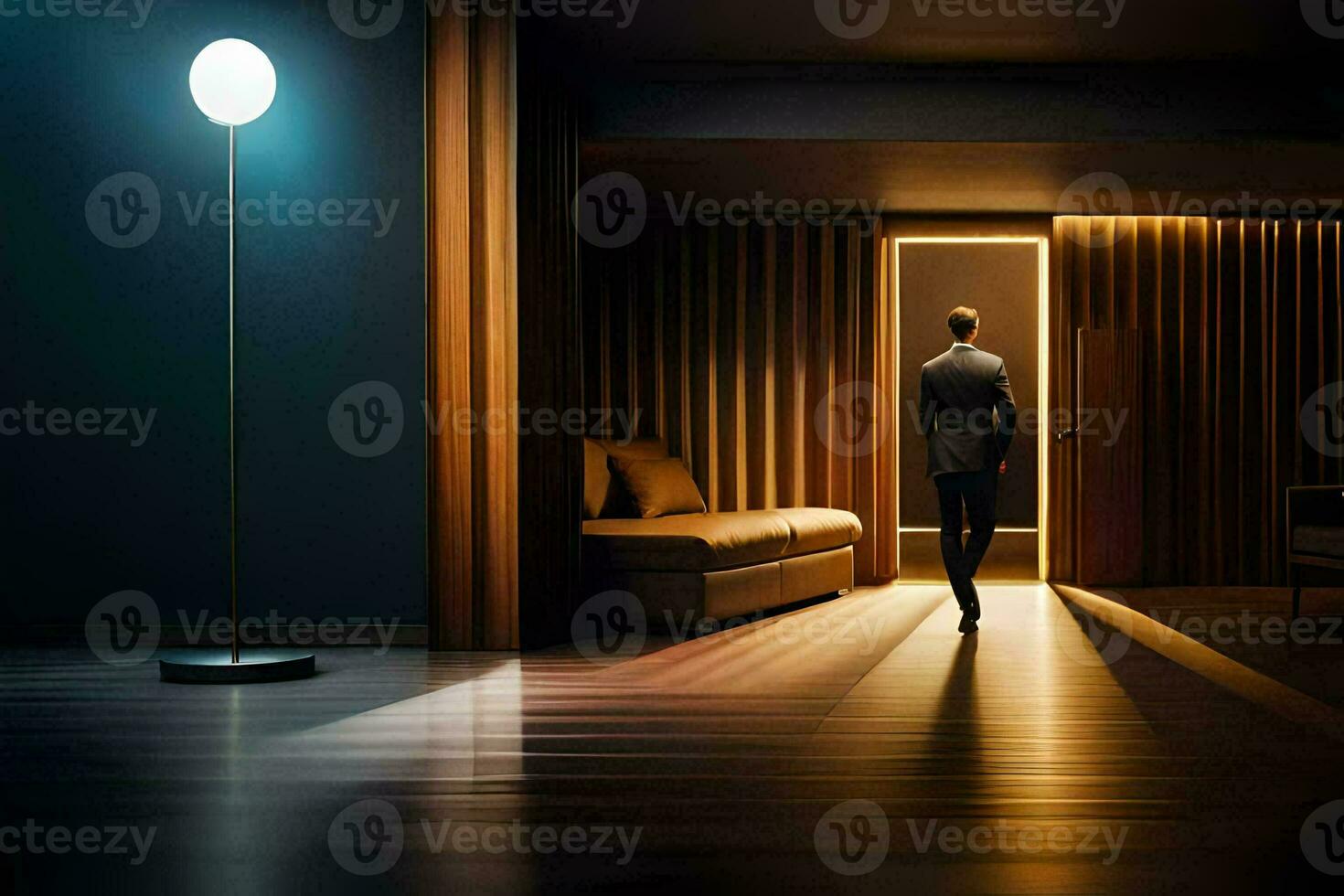un' uomo è a piedi in un' camera con un' leggero Su. ai-generato foto