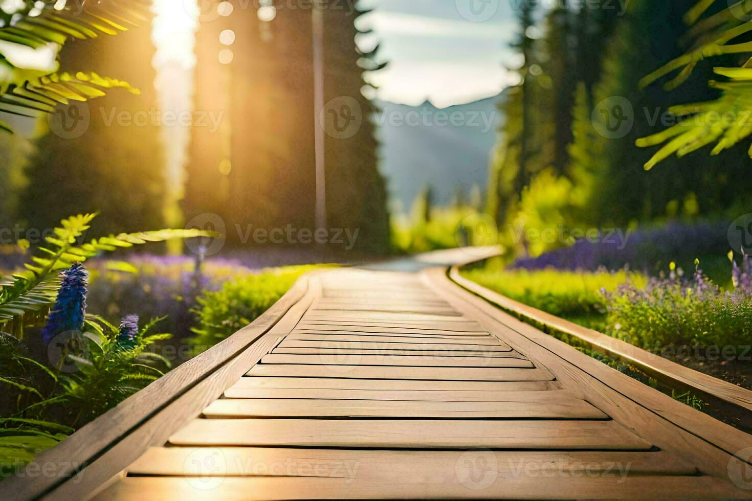 foto sfondo il cielo, cielo, alberi, il sole, il foresta, il sentiero, il. ai-generato