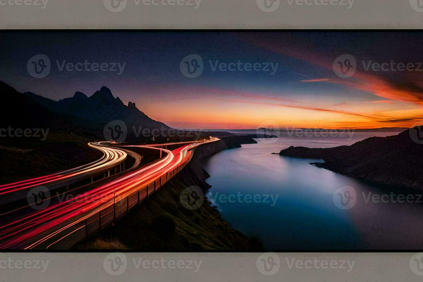 un' grande tv con un' immagine di un' strada a tramonto. ai-generato foto