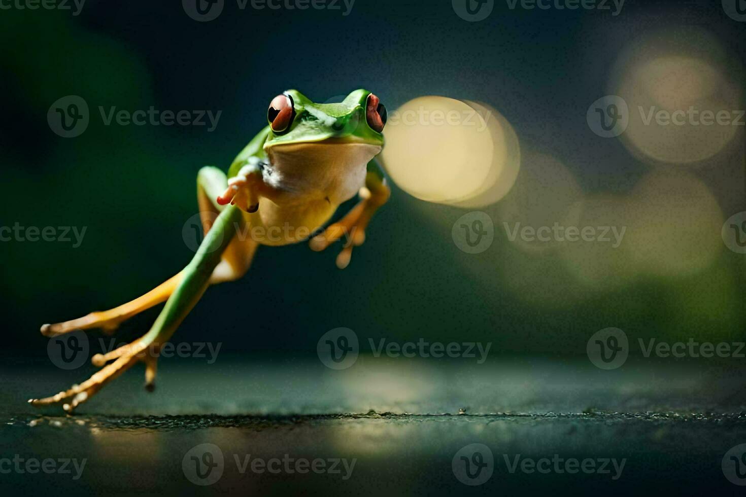 un' rana salto su il terra con un' sfocato sfondo. ai-generato foto