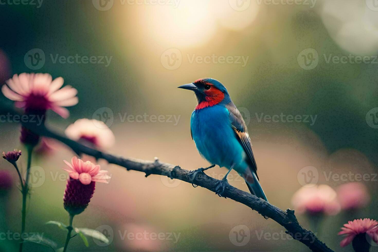 un' colorato uccello si siede su un' ramo nel davanti di rosa fiori. ai-generato foto