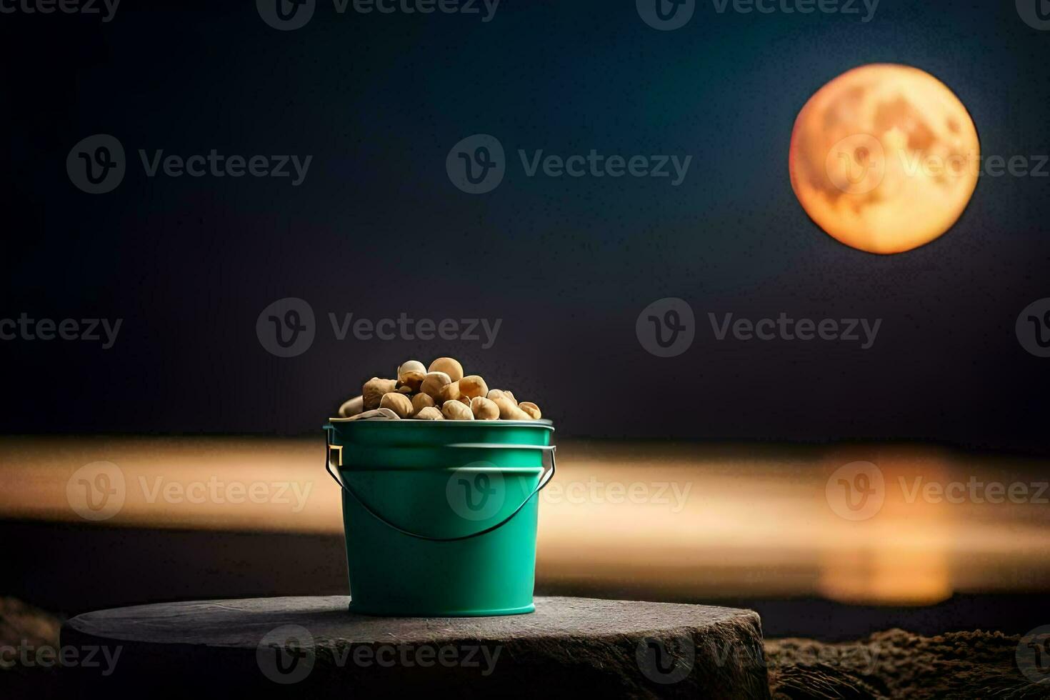 un' secchio di arachidi su un' spiaggia a notte. ai-generato foto