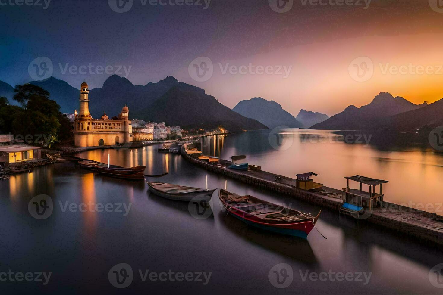 Barche attraccato nel il acqua a tramonto. ai-generato foto