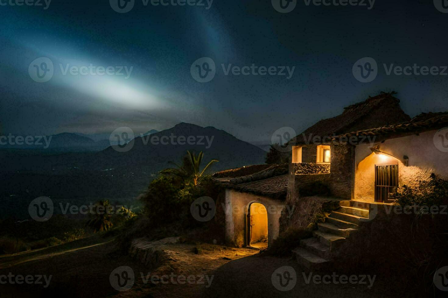 un' Casa nel il montagne a notte. ai-generato foto