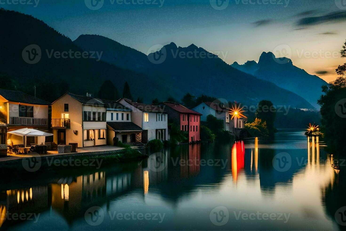 un' fiume e case nel il montagne a notte. ai-generato foto