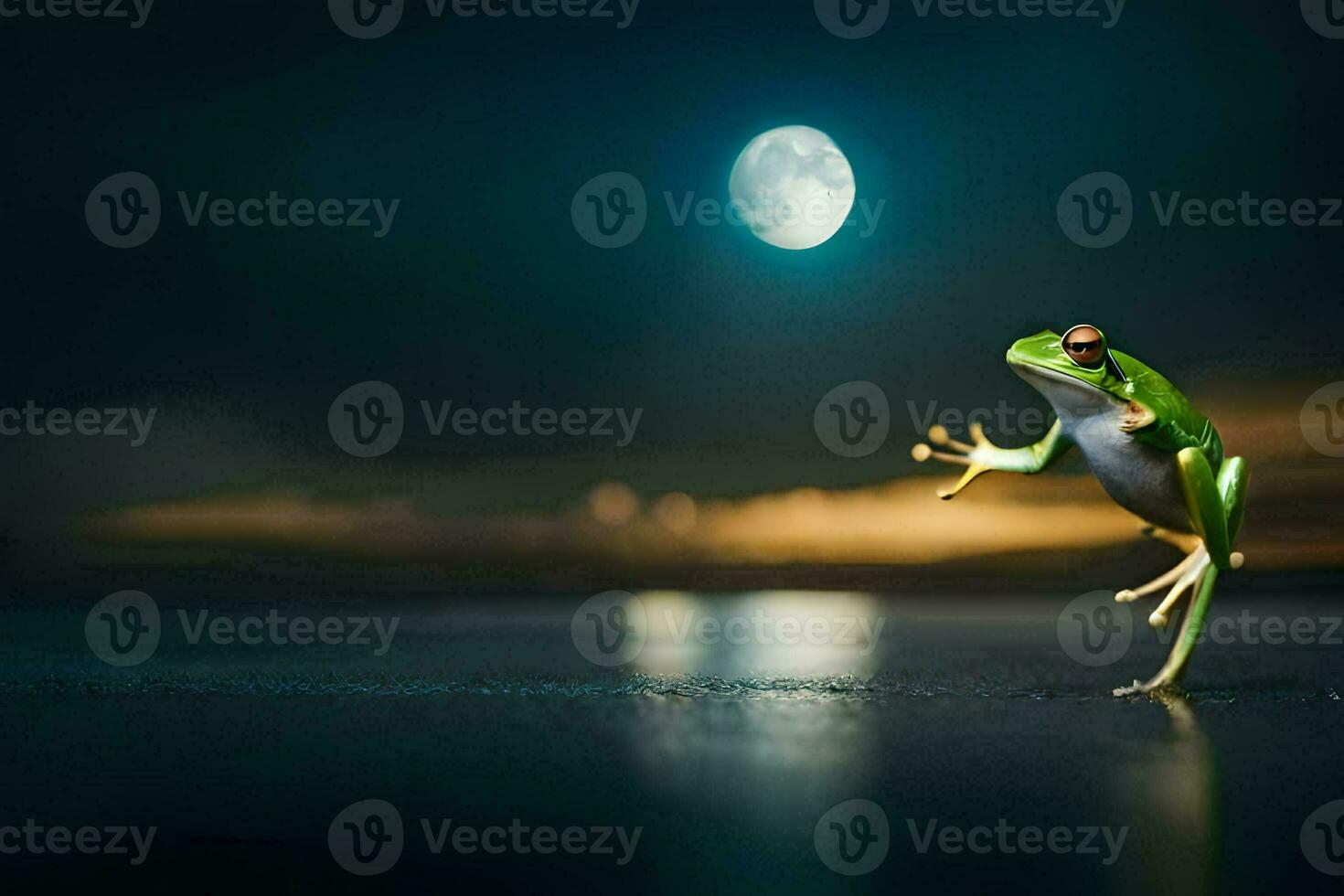 un' rana salto su il terra con un' pieno Luna nel il sfondo. ai-generato foto