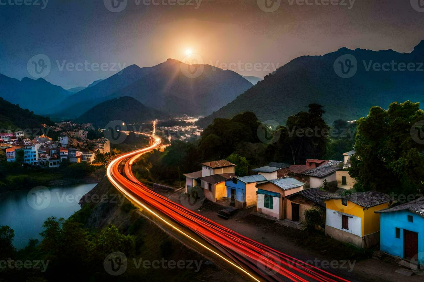 un' lungo esposizione foto di un' strada e case nel il montagne. ai-generato