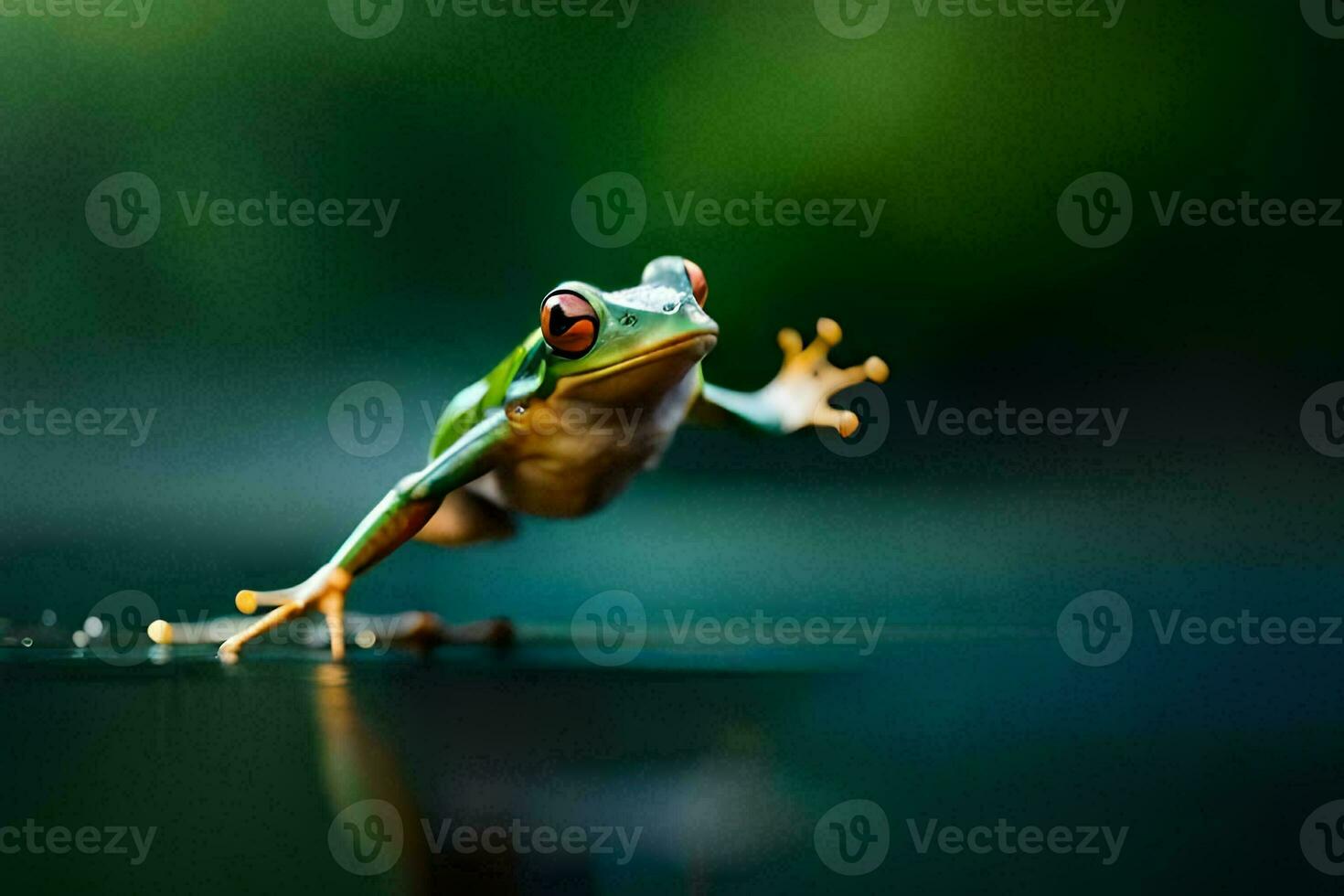 un' rana salto su di il acqua. ai-generato foto