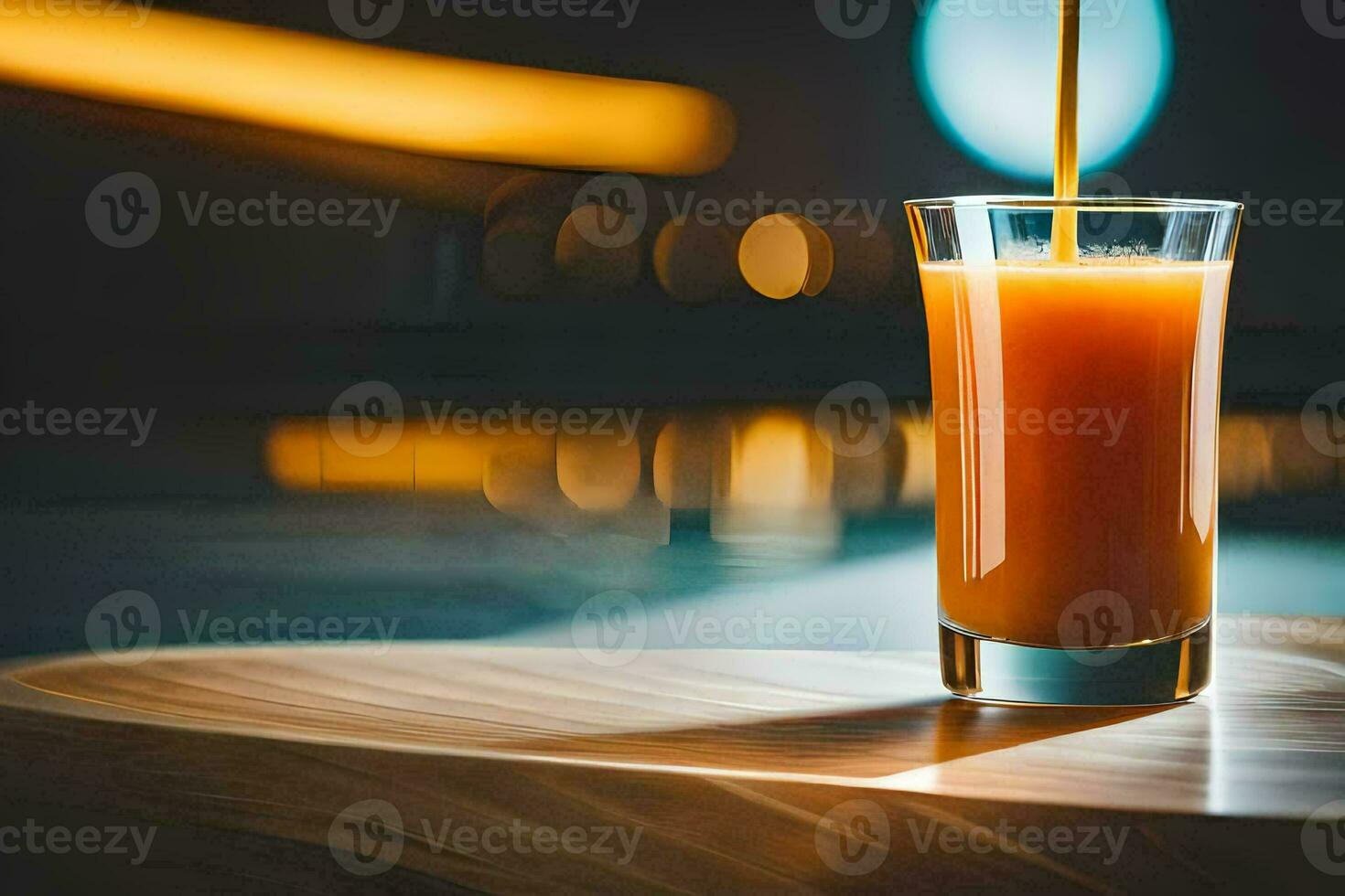 un' bicchiere di arancia succo seduta su un' tavolo. ai-generato foto