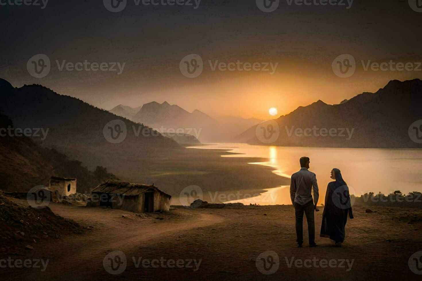il coppia è in piedi su il strada guardare a il tramonto. ai-generato foto