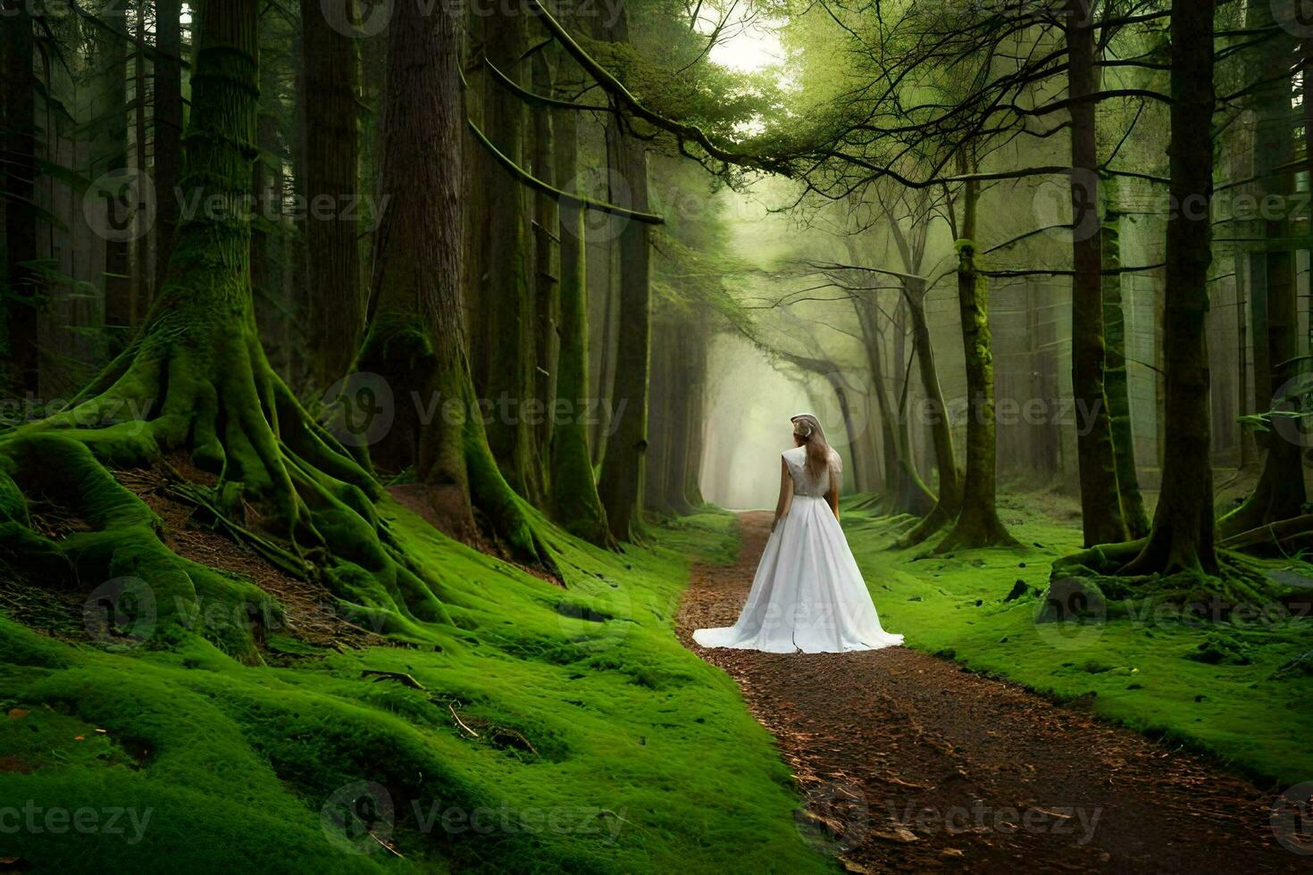 un' donna nel un' bianca vestito in piedi nel il mezzo di un' foresta. ai-generato foto