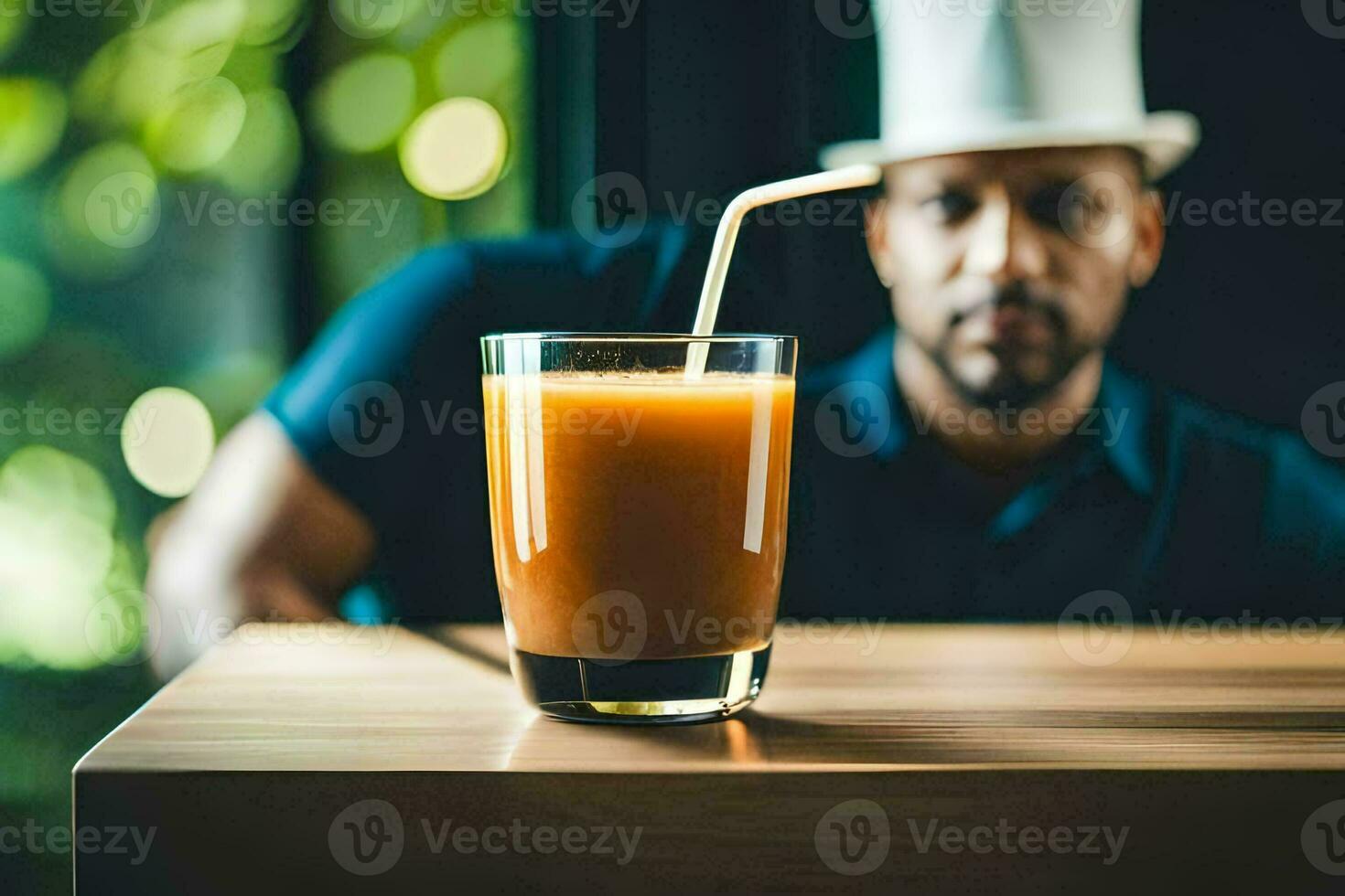 un' uomo nel un' cappello seduta a un' tavolo con un' bicchiere di arancia succo. ai-generato foto