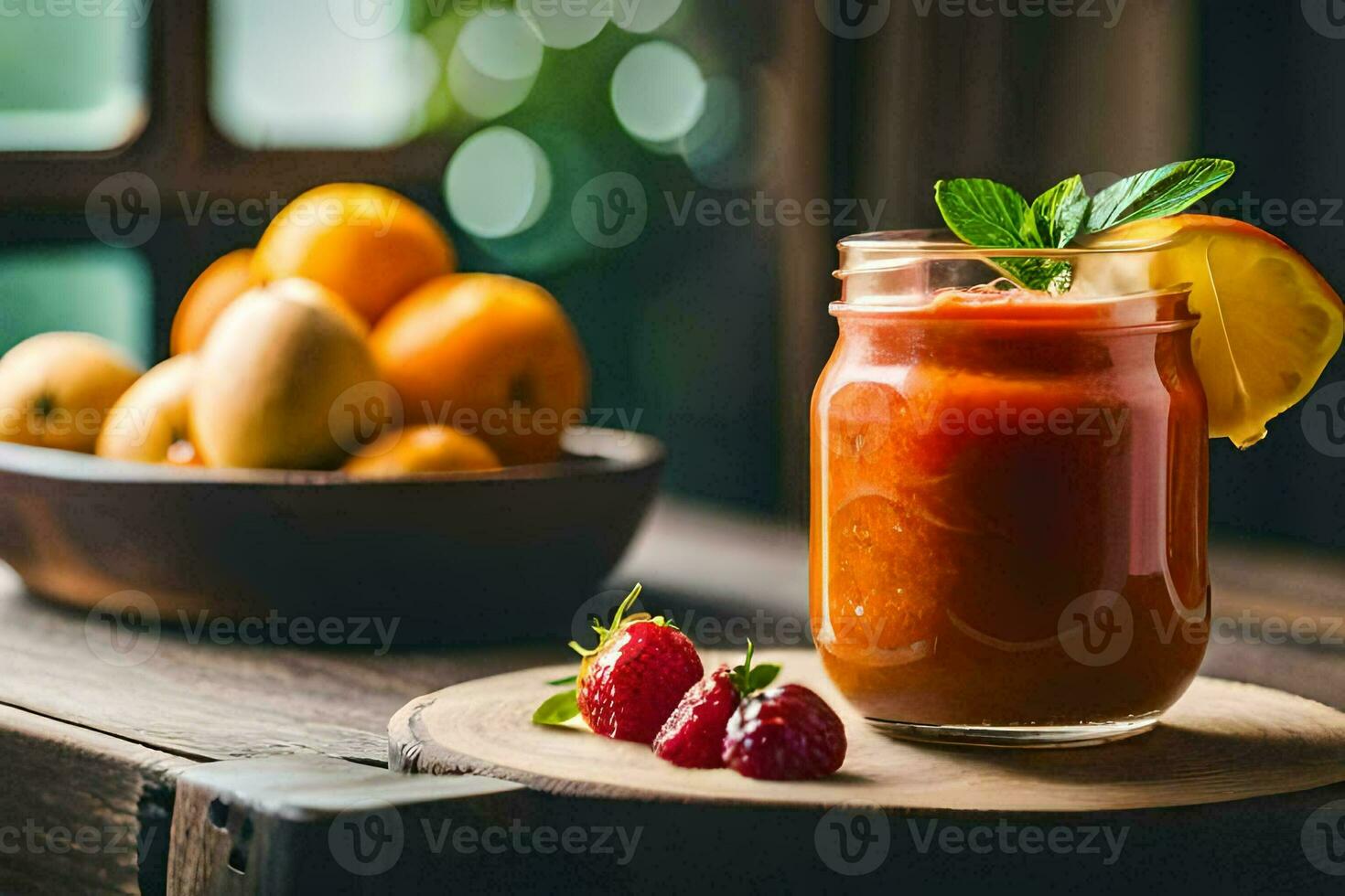 un' bicchiere vaso con un' fragola e arancia succo su un' di legno tavolo. ai-generato foto