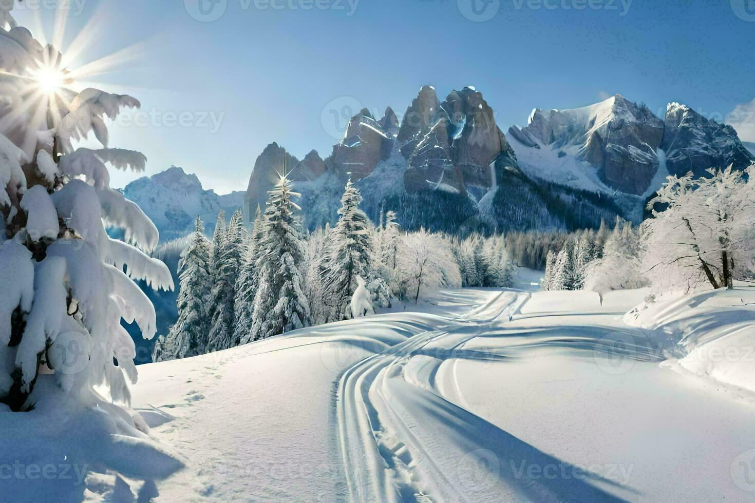 neve coperto montagne e alberi con sole splendente. ai-generato foto