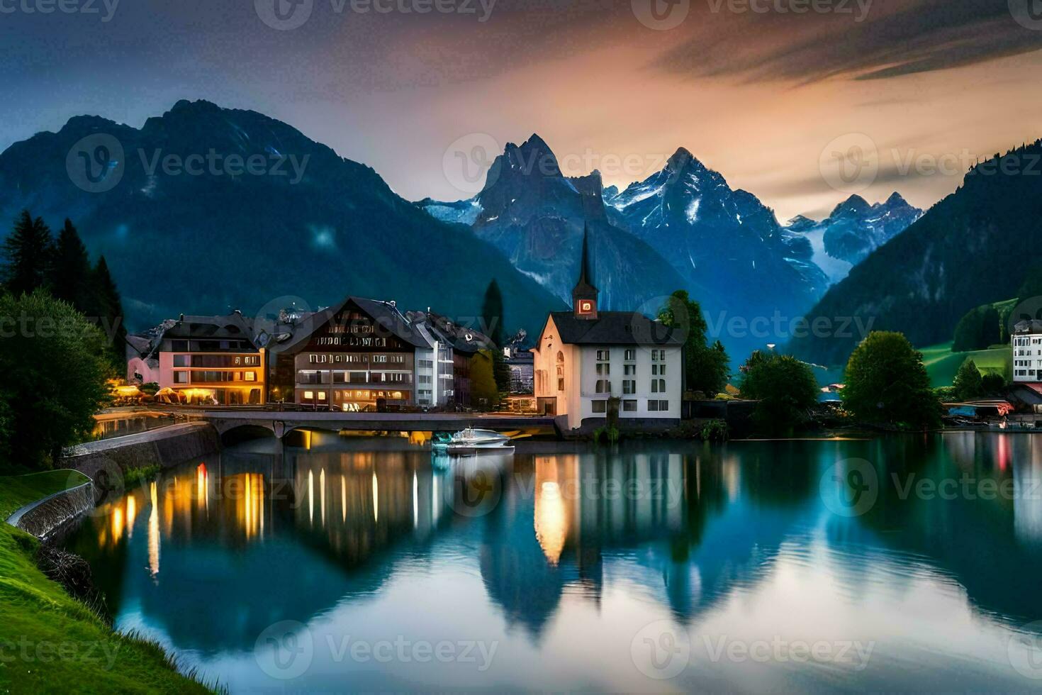 foto sfondo montagne, lago, cittadina, Svizzera, il Alpi, Svizzera, il. ai-generato