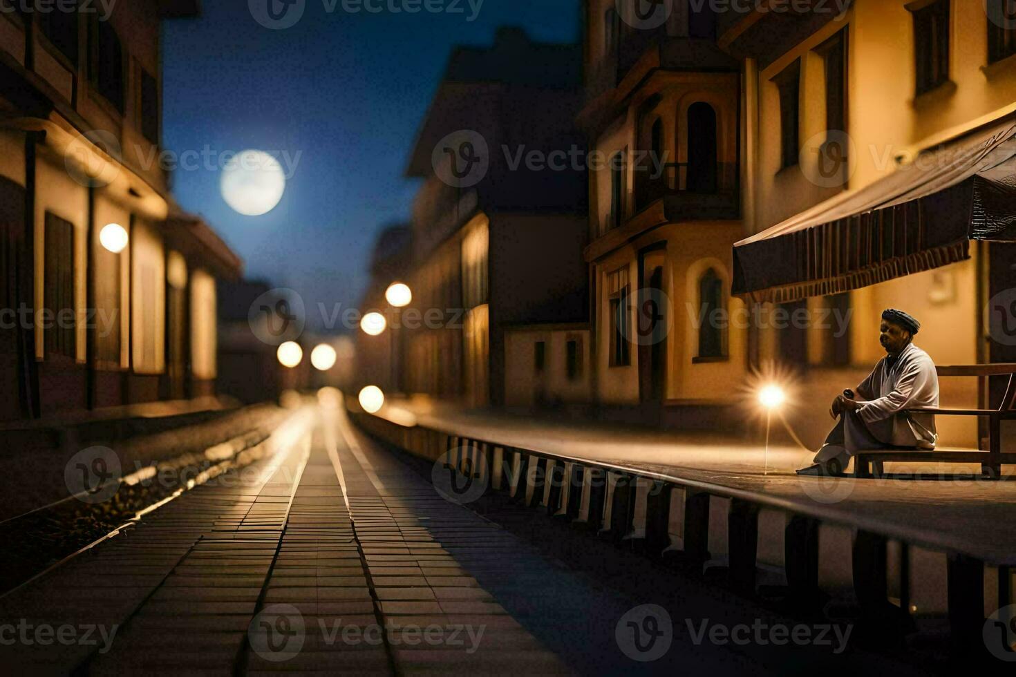 un' uomo si siede su un' panchina nel il mezzo di un' città a notte. ai-generato foto
