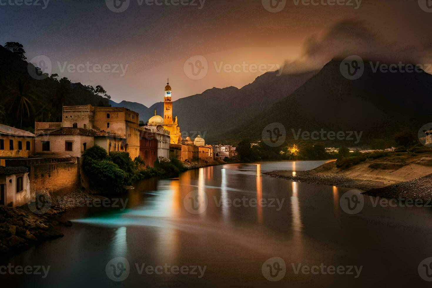 un' fiume nel il mezzo di un' cittadina a notte. ai-generato foto