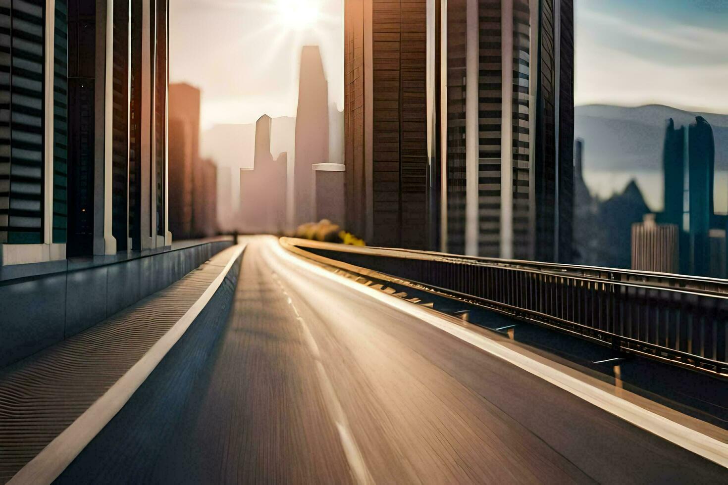 un' città strada con un' autostrada e alto edifici nel il sfondo. ai-generato foto