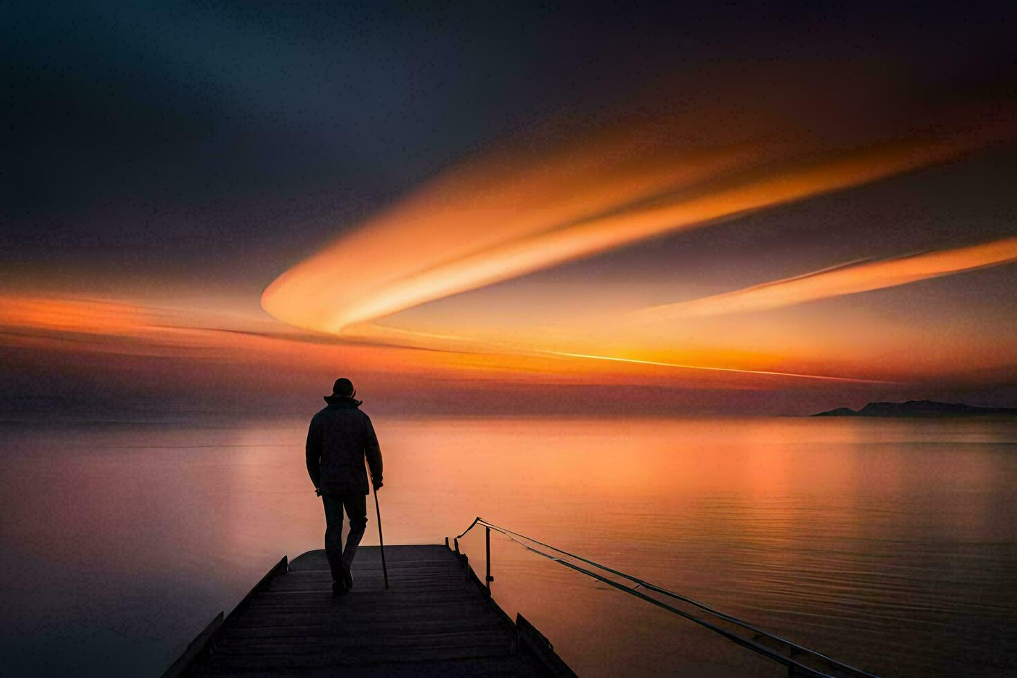 un' uomo sta su un' molo guardare a il tramonto. ai-generato foto