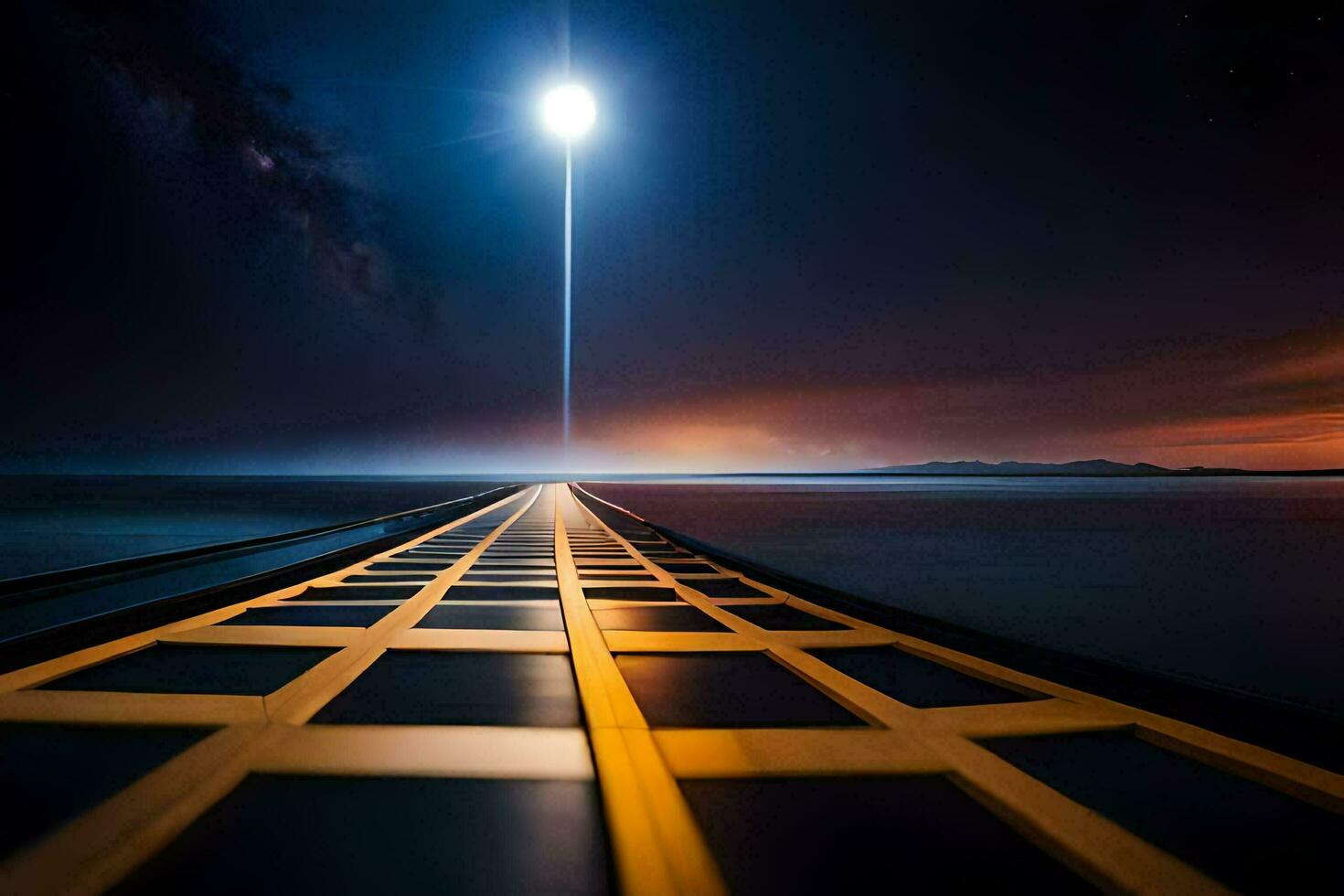 un' lungo strada principale per il cielo con un' luminosa leggero splendente. ai-generato foto