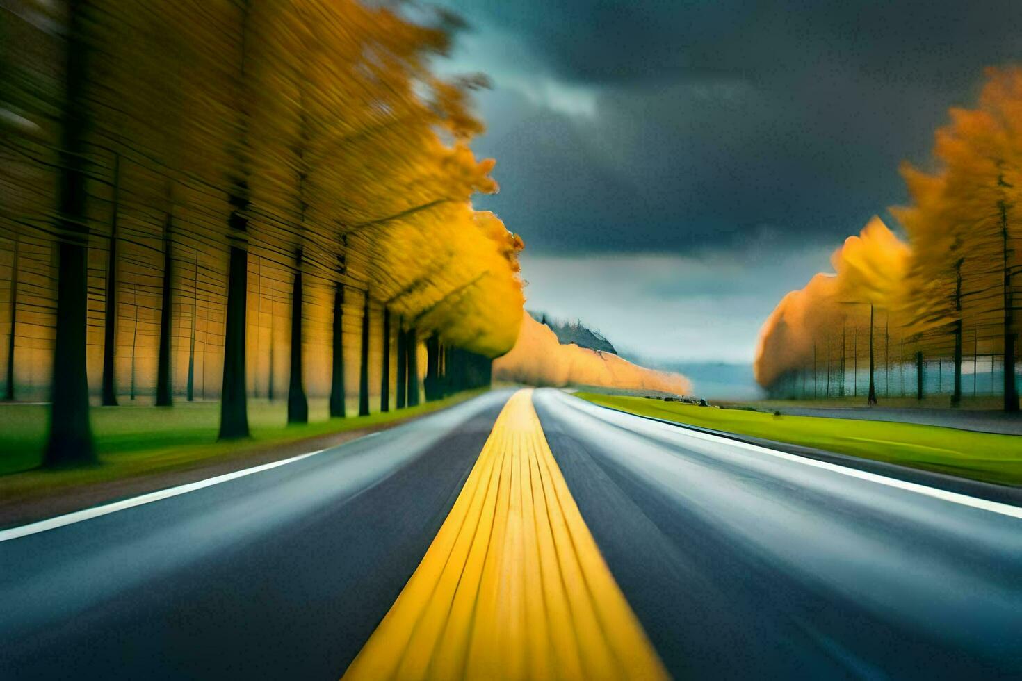 un' sfocato Immagine di un' strada con giallo alberi. ai-generato foto