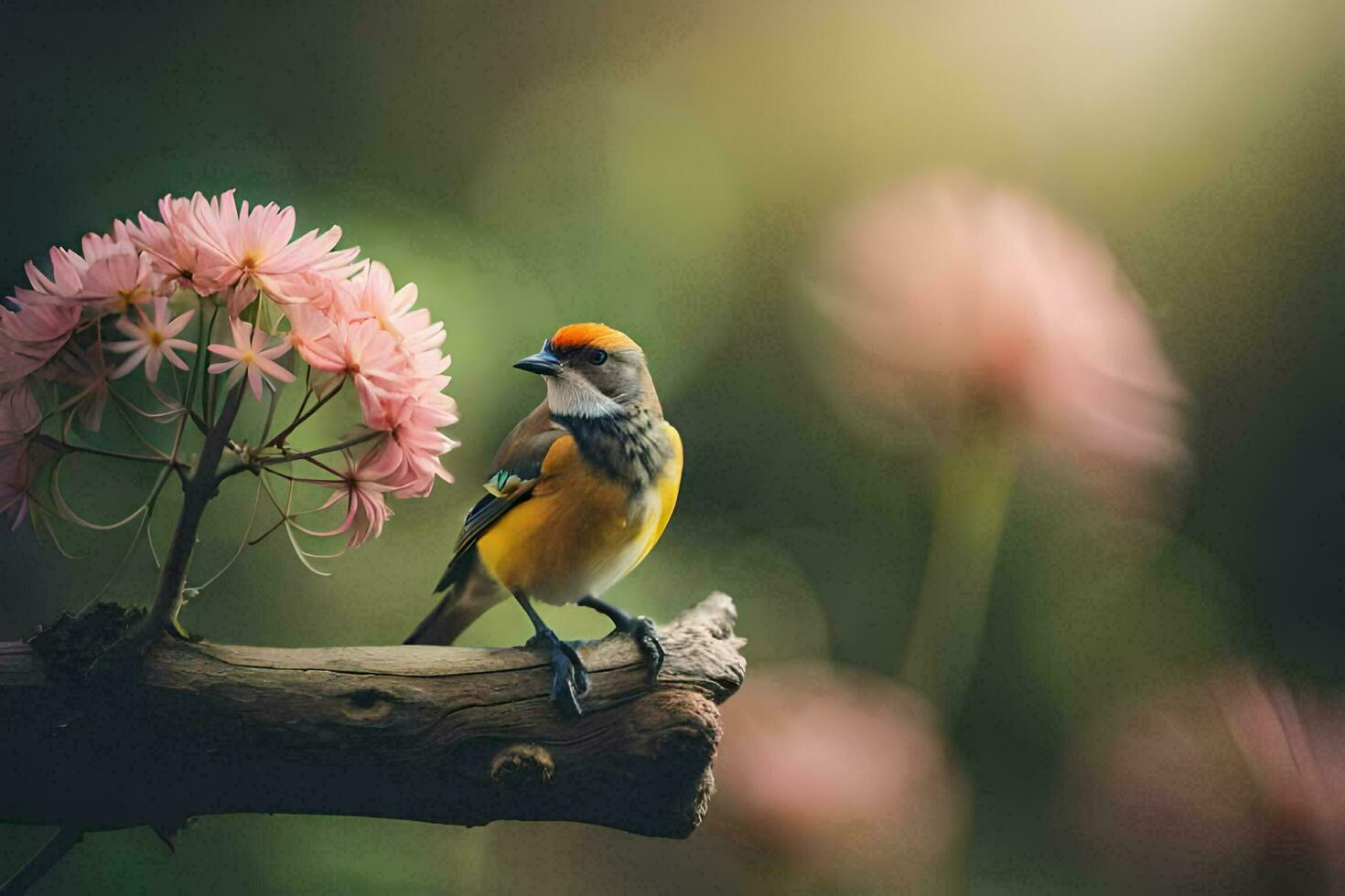 un' uccello si siede su un' ramo con rosa fiori. ai-generato foto