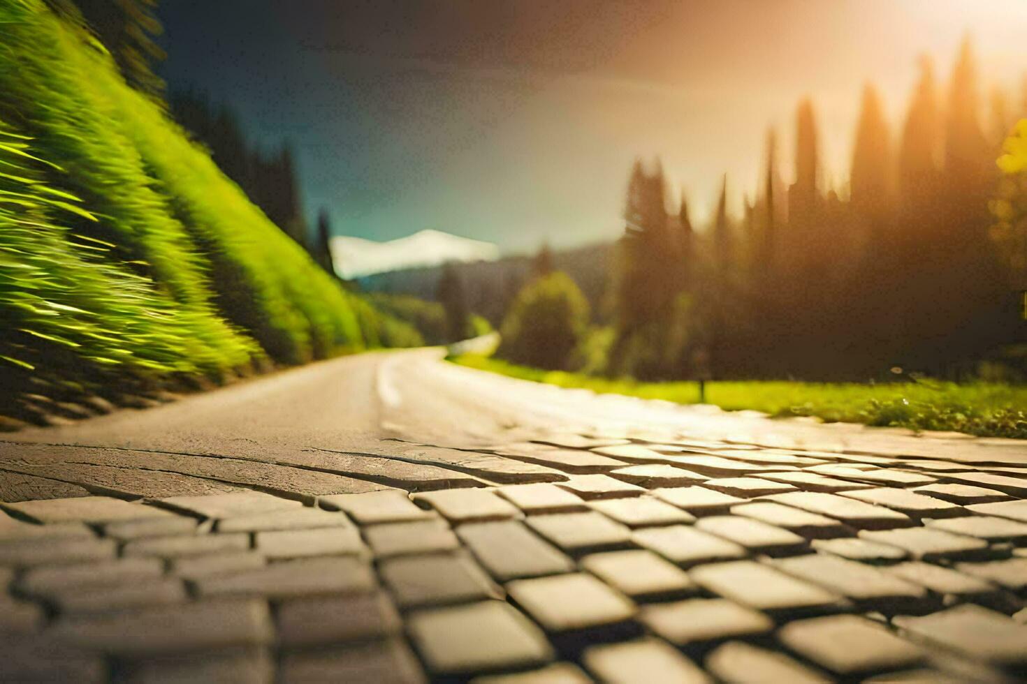 un' strada con un' ciottolo sentiero nel il sfondo. ai-generato foto