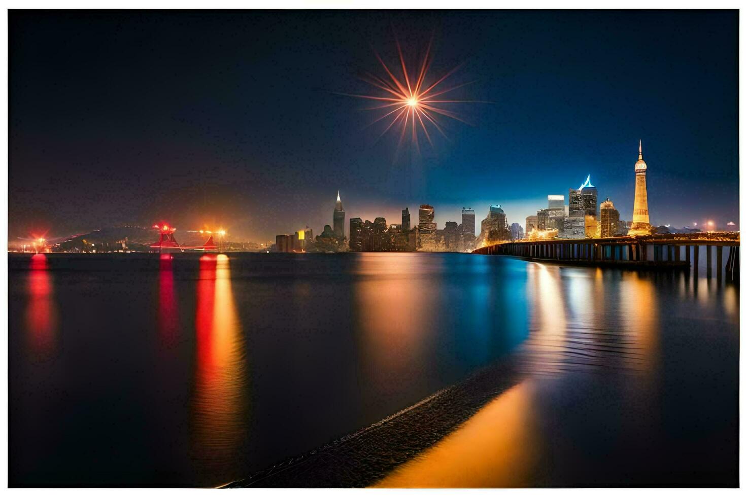 un' città orizzonte a notte con il Luna nel il cielo. ai-generato foto