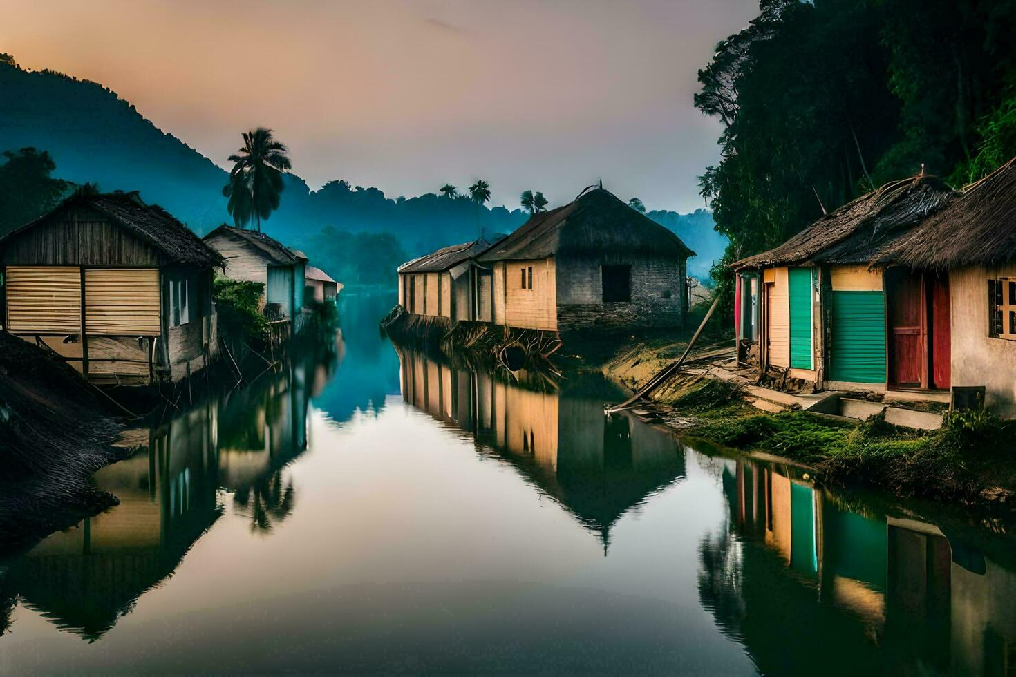 un' fiume nel il mezzo di un' villaggio con case. ai-generato foto