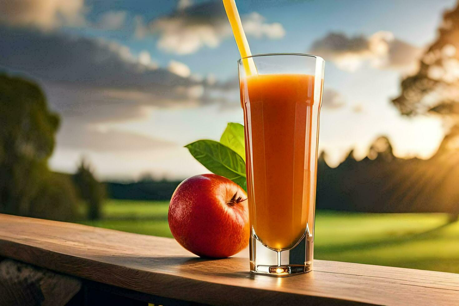 un' bicchiere di succo con un Mela su un' tavolo. ai-generato foto