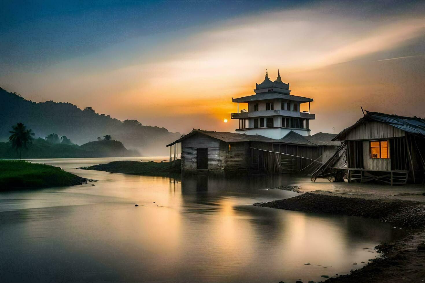 un' piccolo Casa si siede su il riva di un' fiume a tramonto. ai-generato foto