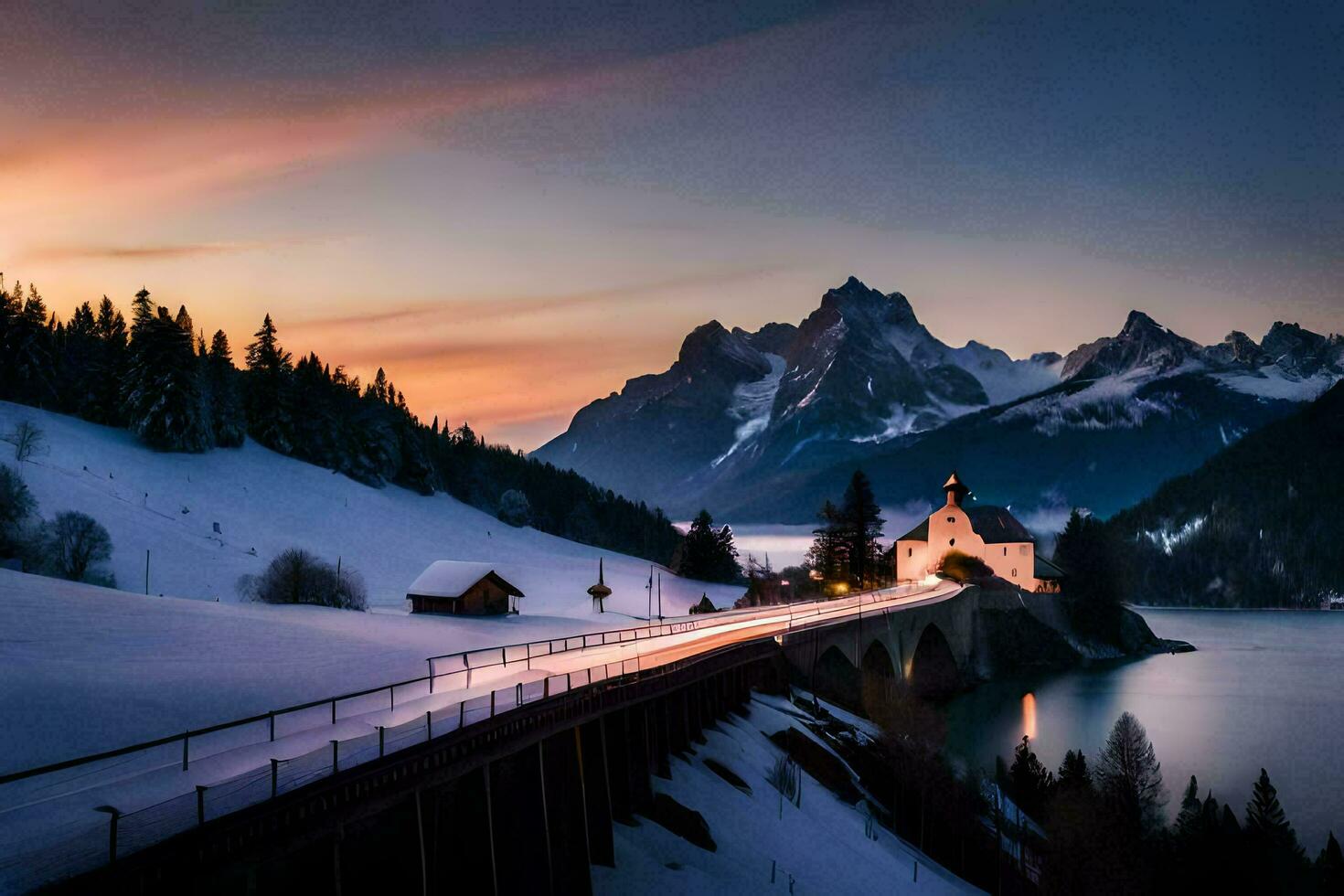 un' Chiesa e strada nel il neve. ai-generato foto