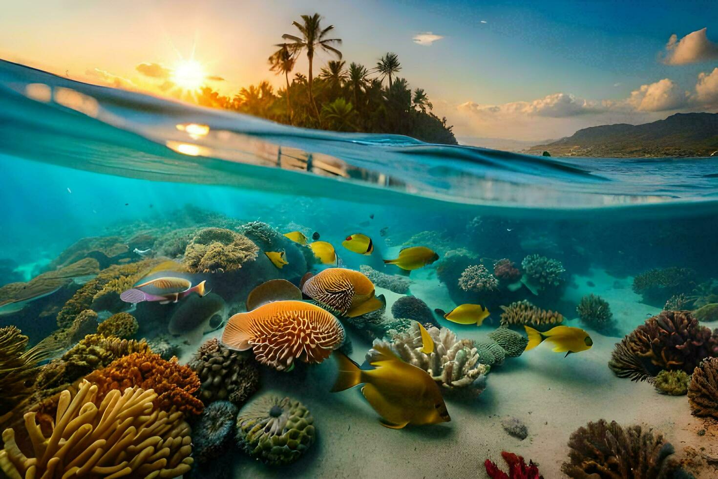 un' tropicale scogliera con pesce e corallo a tramonto. ai-generato foto