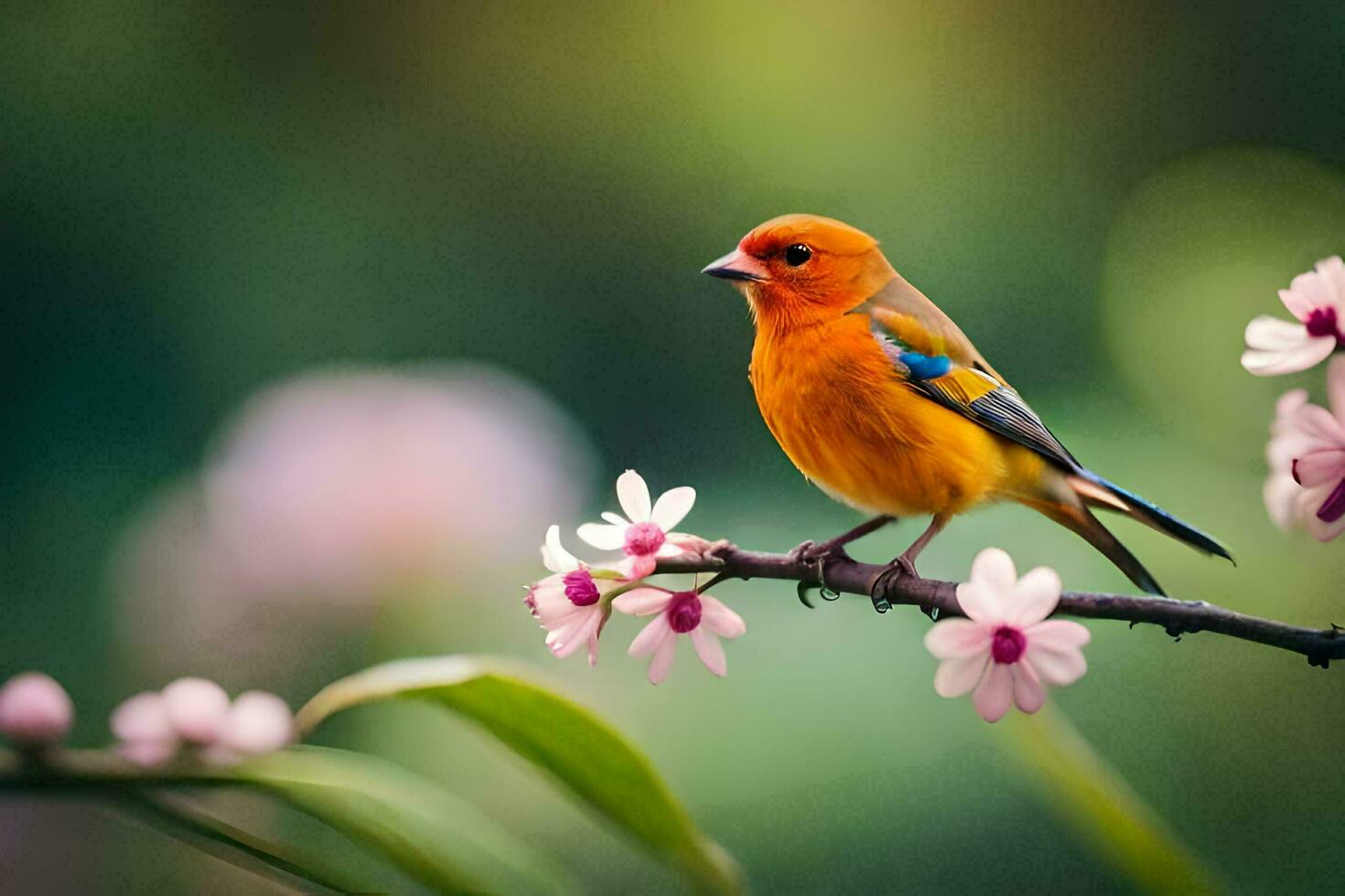 un' piccolo arancia uccello è arroccato su un' ramo con rosa fiori. ai-generato foto