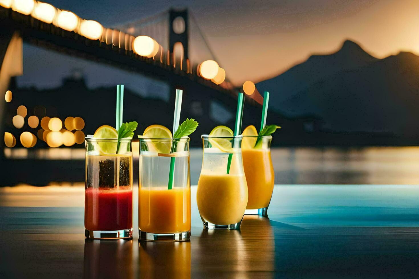 quattro bicchieri di succo con un' ponte nel il sfondo. ai-generato foto