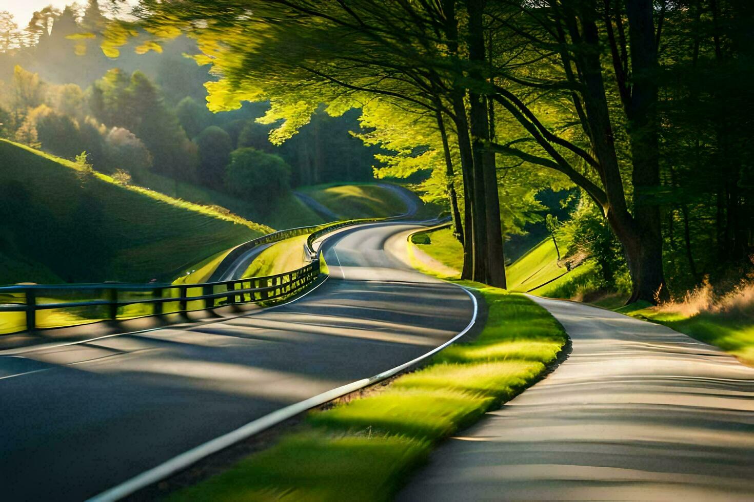 un' lungo strada con alberi e erba su tutti e due lati. ai-generato foto