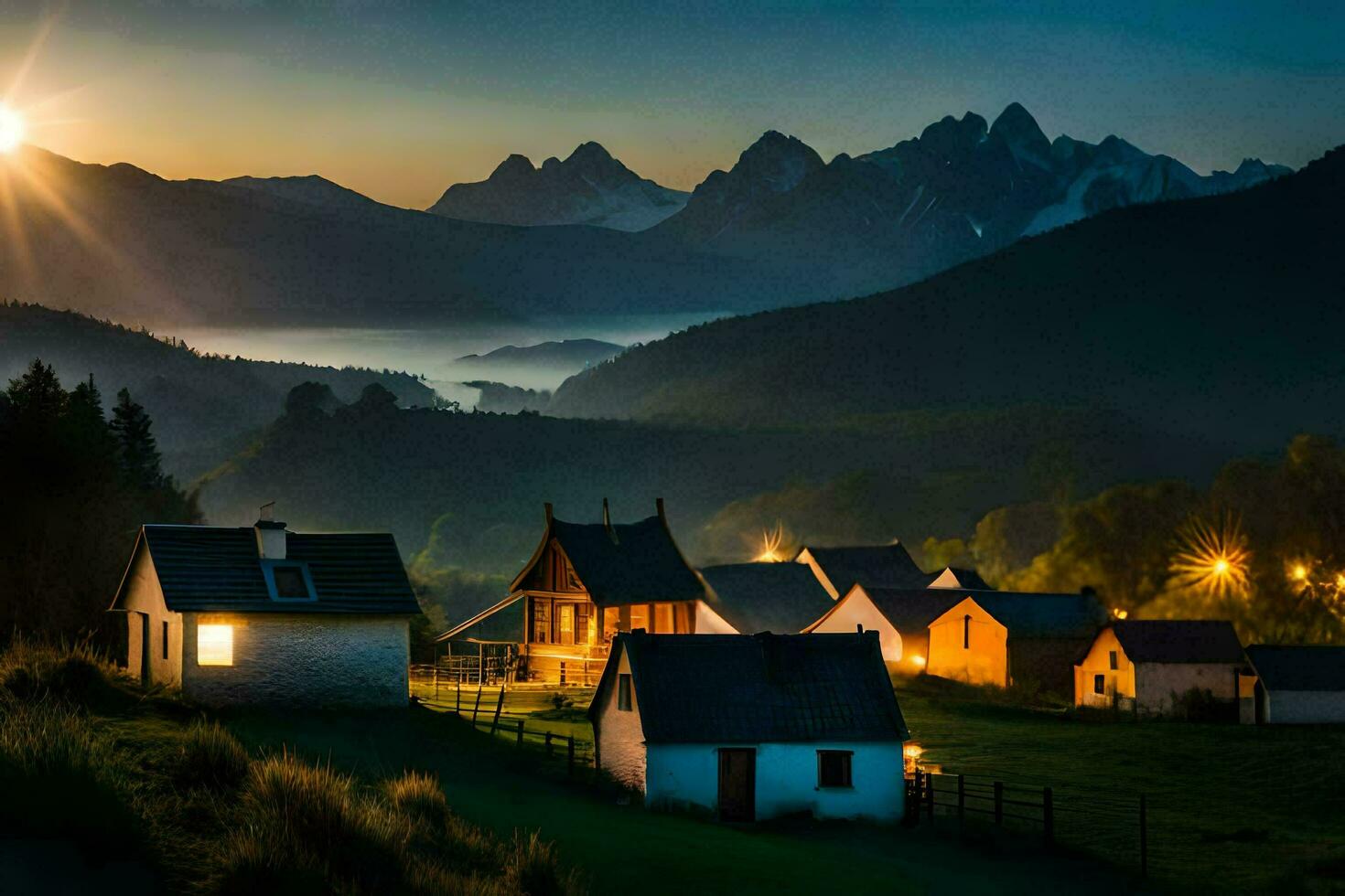 foto sfondo il cielo, montagne, il sole, il Luna, il montagne, il villaggio,. ai-generato