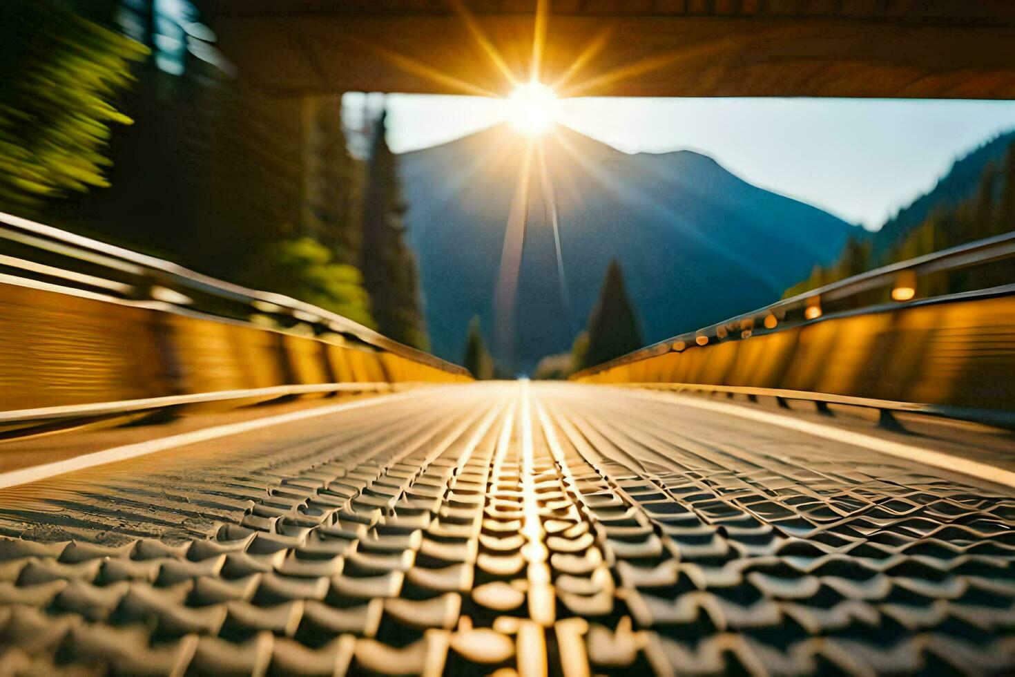 un' sfocato Immagine di un' strada con montagne nel il sfondo. ai-generato foto