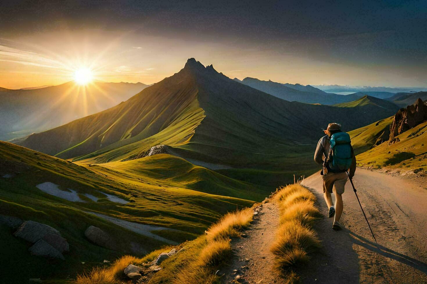 un' uomo passeggiate su un' montagna strada a tramonto. ai-generato foto