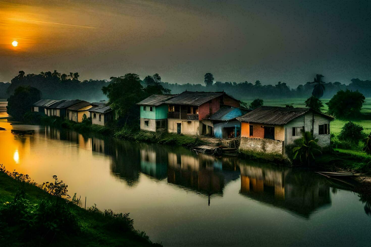 un' fiume corre attraverso un' villaggio a tramonto. ai-generato foto