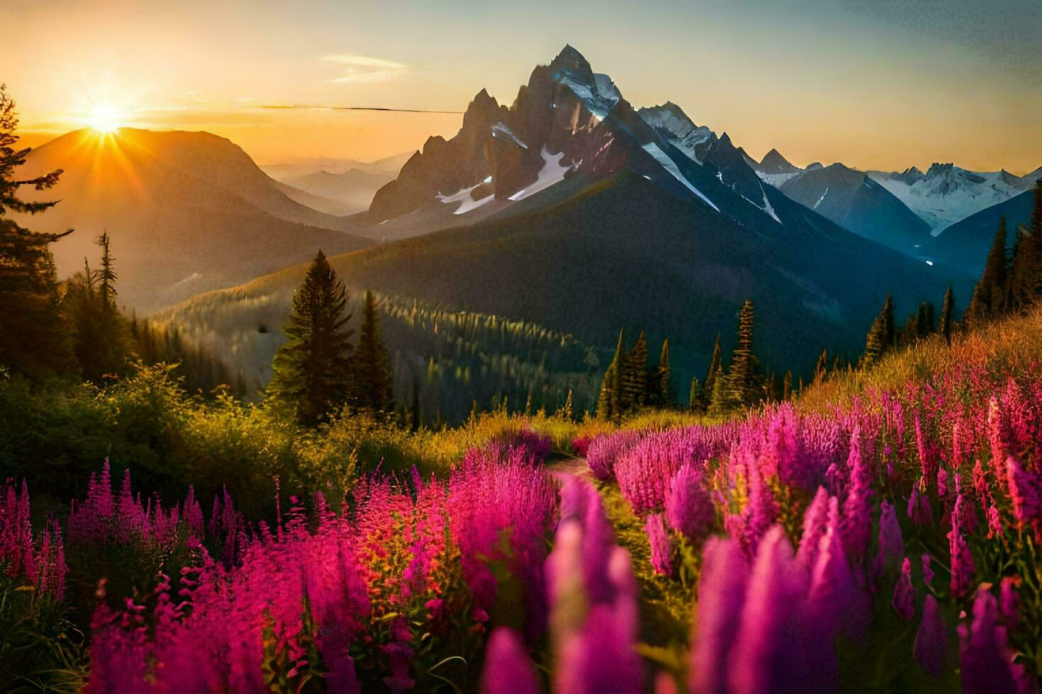 il sole sorge al di sopra di il montagne e fiori nel il primo piano. ai-generato foto