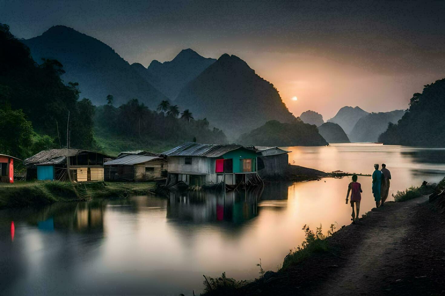 Due persone camminare lungo il riva di un' fiume con case nel il sfondo. ai-generato foto