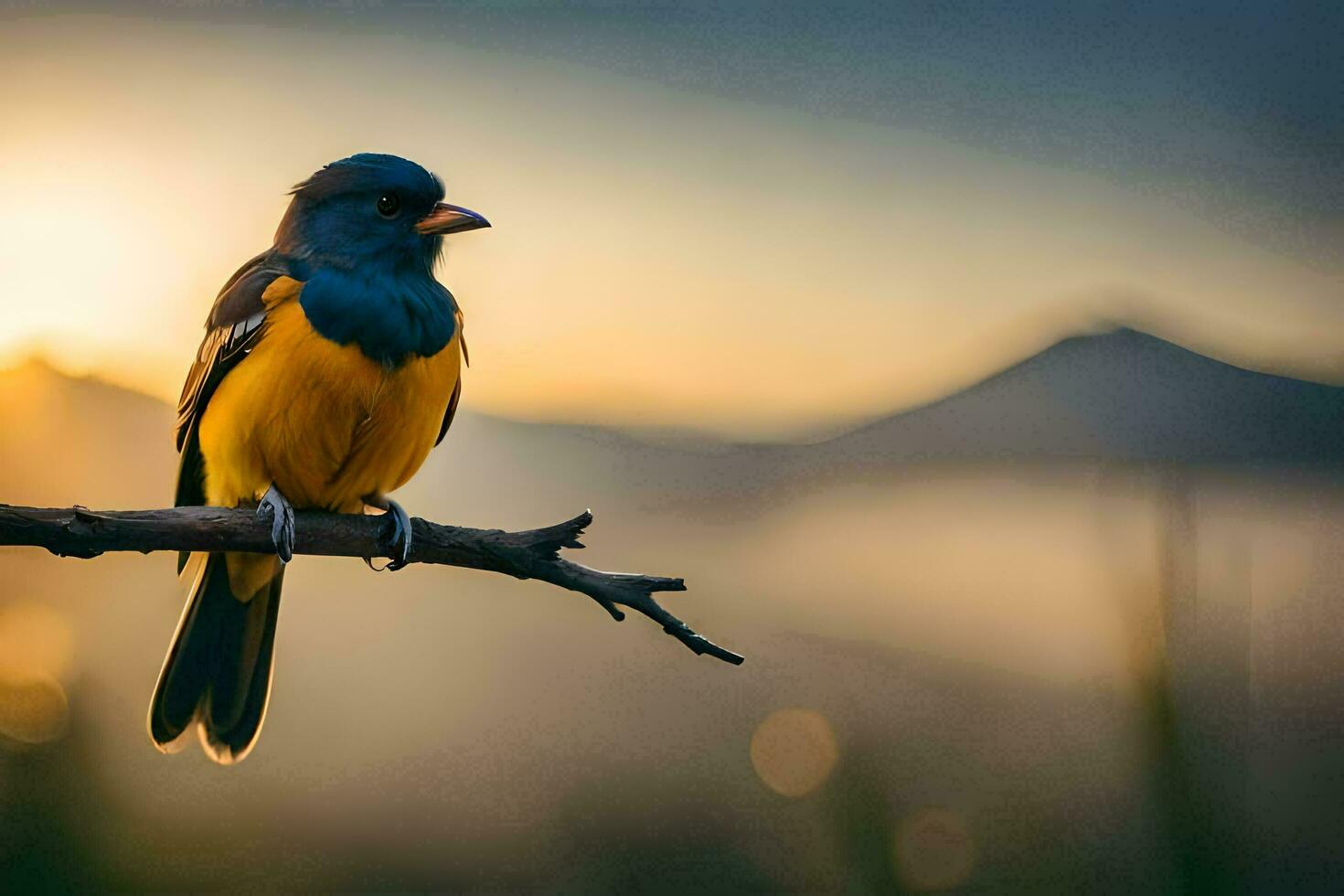 un' blu e giallo uccello si siede su un' ramo nel davanti di un' montagna. ai-generato foto