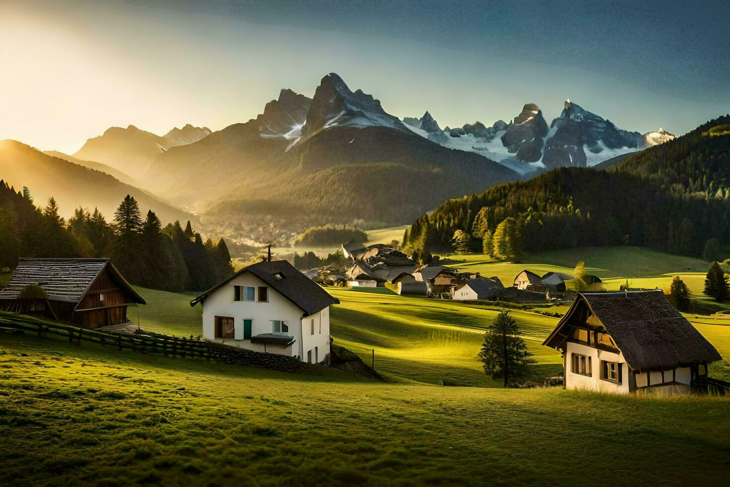 il sole sorge al di sopra di il montagne nel il sfondo. ai-generato foto