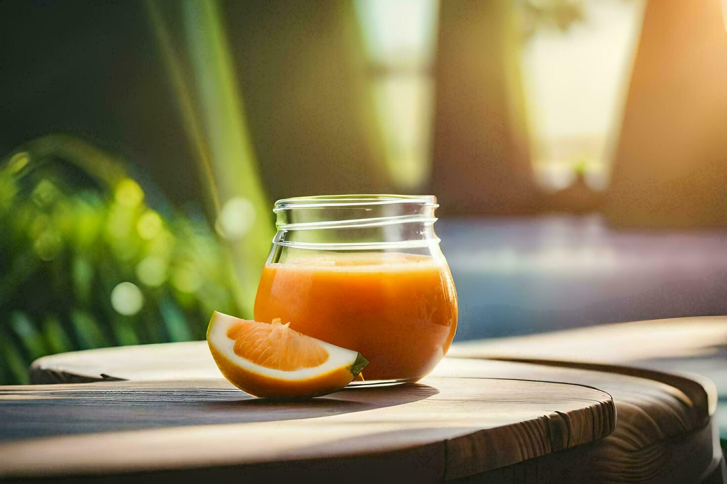 arancia succo nel un' bicchiere su un' di legno tavolo. ai-generato foto