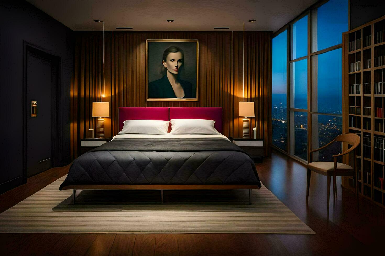 un' Camera da letto con un' grande letto e un' pittura su il parete. ai-generato foto