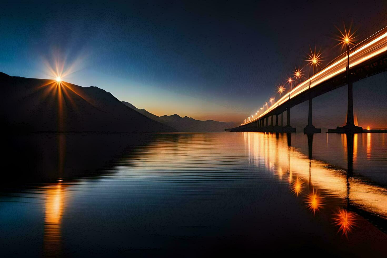 un' ponte spanning al di sopra di acqua a notte con luci riflettendo via il acqua. ai-generato foto