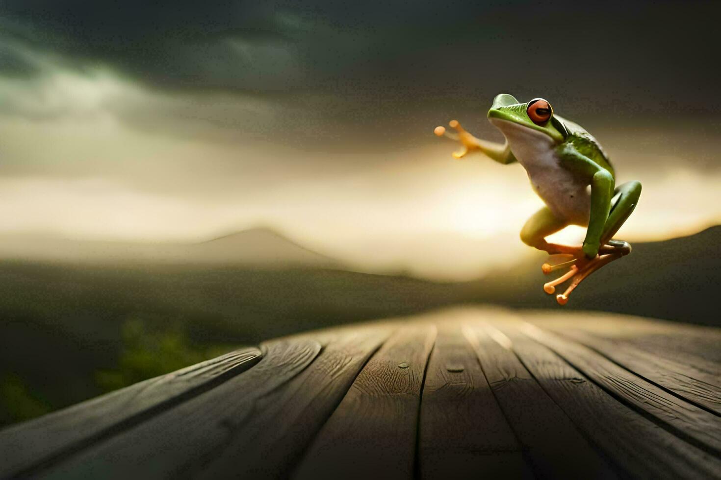 un' rana salto su un' di legno tavola con un' buio cielo. ai-generato foto