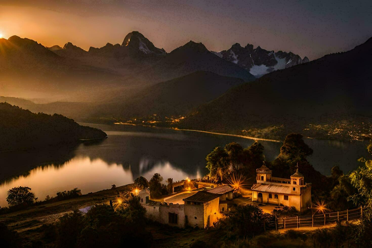 il sole imposta al di sopra di un' lago e un' Chiesa nel il montagne. ai-generato foto