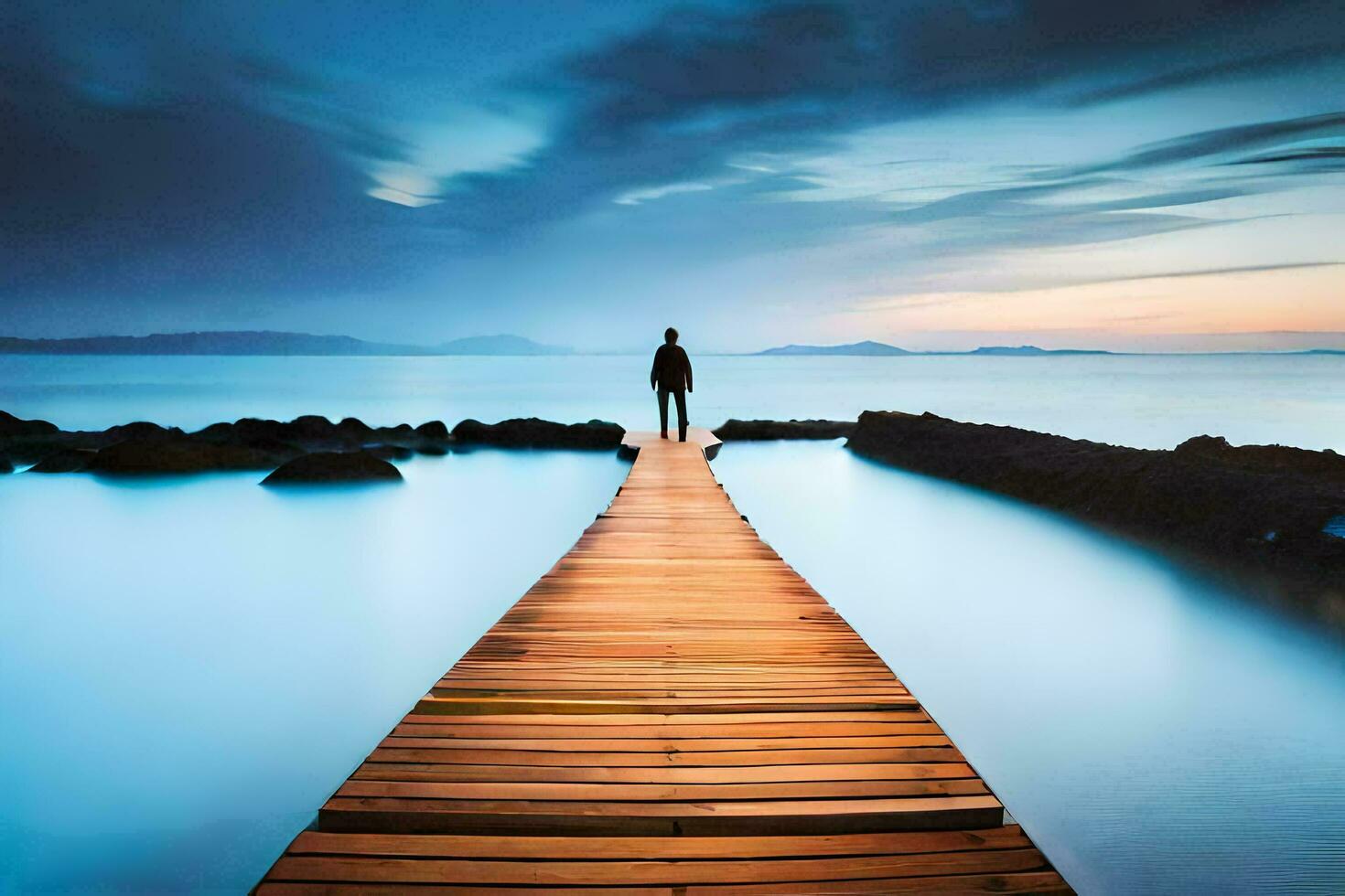 un' uomo in piedi su un' di legno molo nel il oceano. ai-generato foto